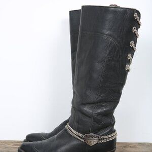 Vintage Black Leather Harley Davidson Boots with Silver Chain Logo Cowgirl Biker